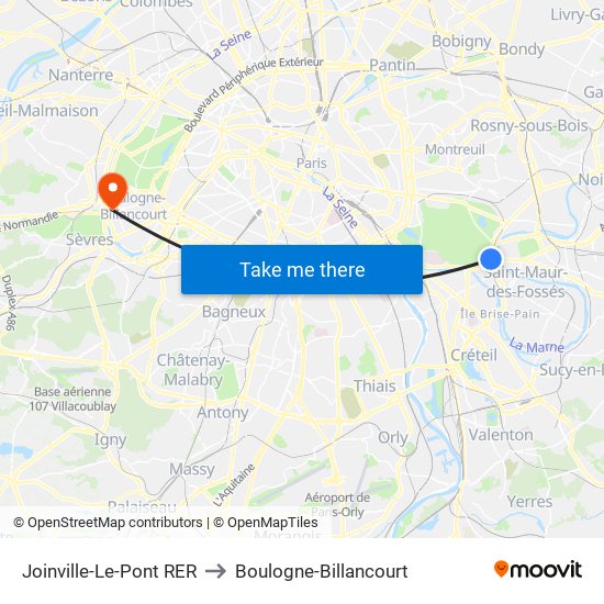 Joinville-Le-Pont RER to Boulogne-Billancourt map
