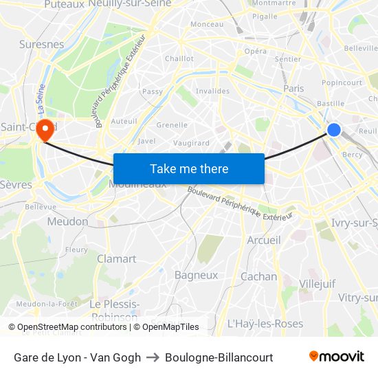 Gare de Lyon - Van Gogh to Boulogne-Billancourt map
