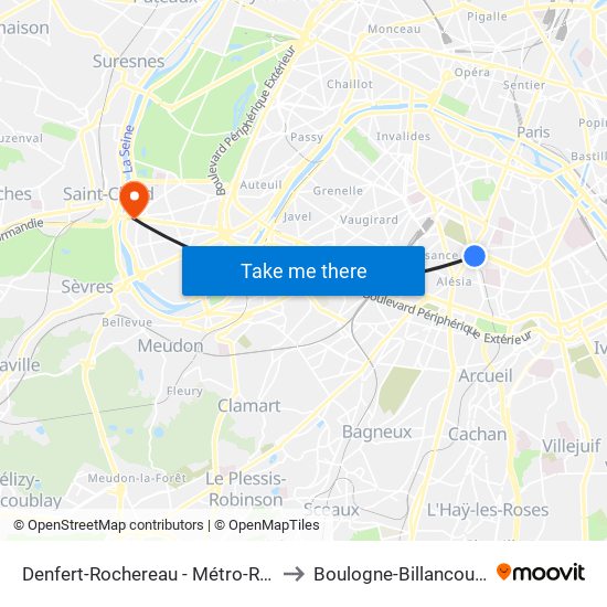 Denfert-Rochereau - Métro-Rer to Boulogne-Billancourt map