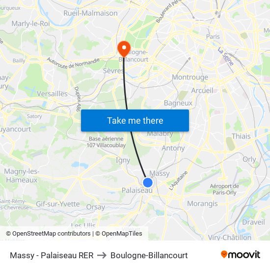 Massy - Palaiseau RER to Boulogne-Billancourt map