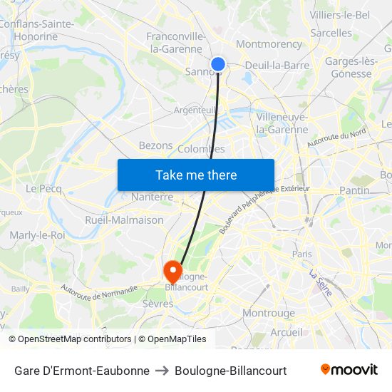 Gare D'Ermont-Eaubonne to Boulogne-Billancourt map