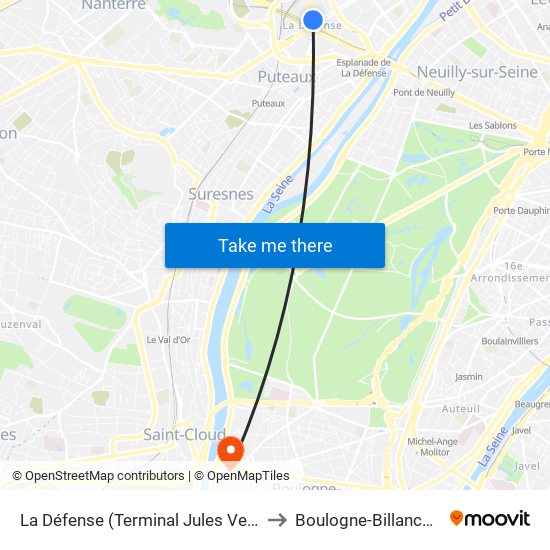 La Défense (Terminal Jules Verne) to Boulogne-Billancourt map