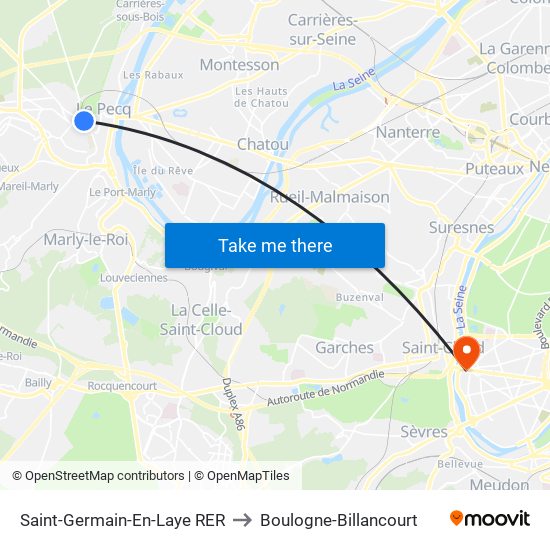 Saint-Germain-En-Laye RER to Boulogne-Billancourt map