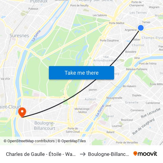 Charles de Gaulle - Étoile - Wagram to Boulogne-Billancourt map