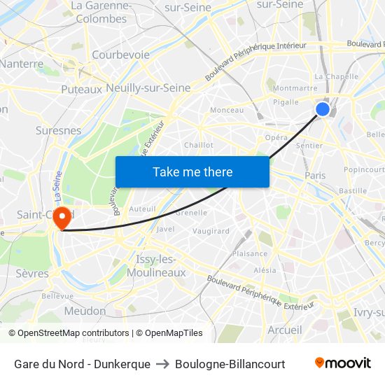 Gare du Nord - Dunkerque to Boulogne-Billancourt map