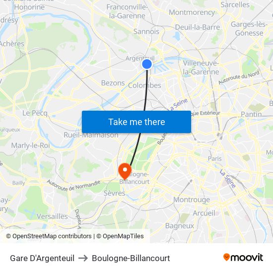 Gare D'Argenteuil to Boulogne-Billancourt map