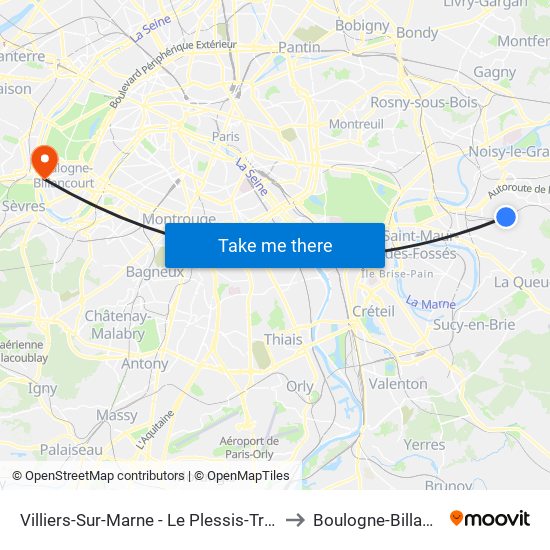 Villiers-Sur-Marne - Le Plessis-Trévise RER to Boulogne-Billancourt map