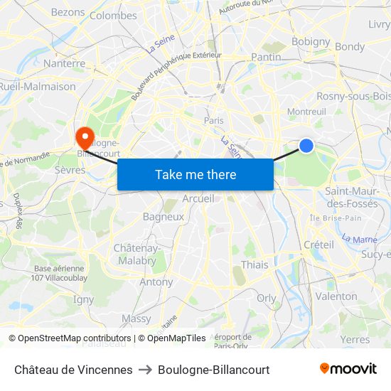 Château de Vincennes to Boulogne-Billancourt map