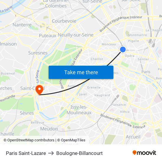 Paris Saint-Lazare to Boulogne-Billancourt map