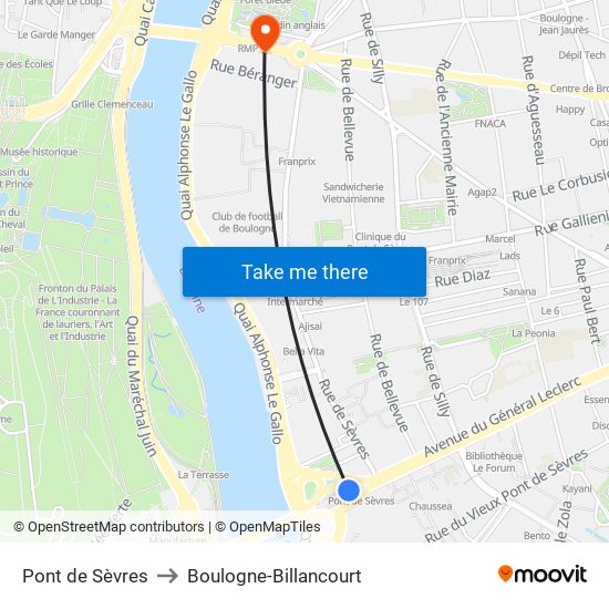 Pont de Sèvres to Boulogne-Billancourt map