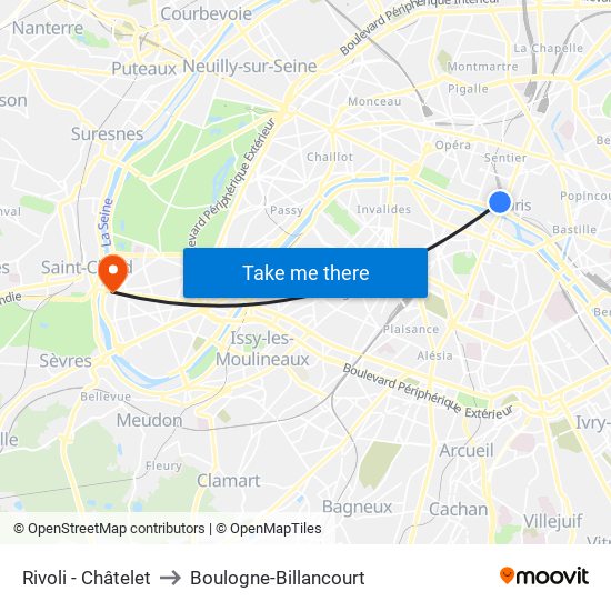 Rivoli - Châtelet to Boulogne-Billancourt map