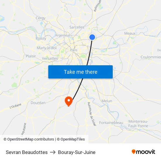 Sevran Beaudottes to Bouray-Sur-Juine map