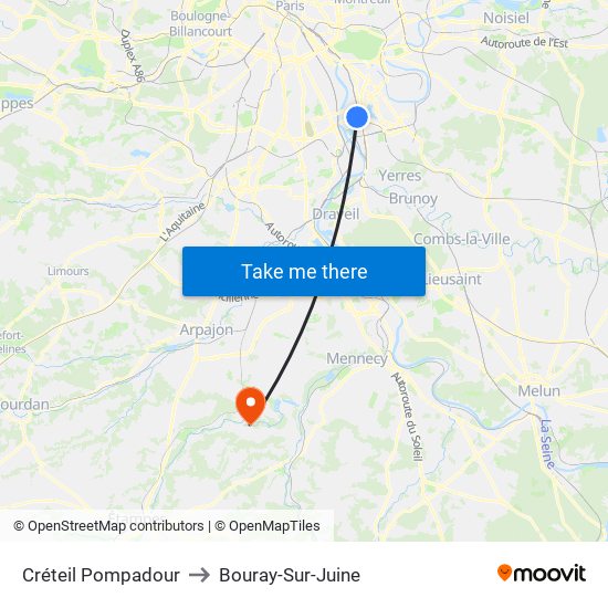 Créteil Pompadour to Bouray-Sur-Juine map