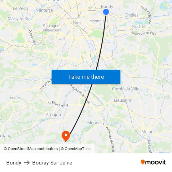 Bondy to Bouray-Sur-Juine map