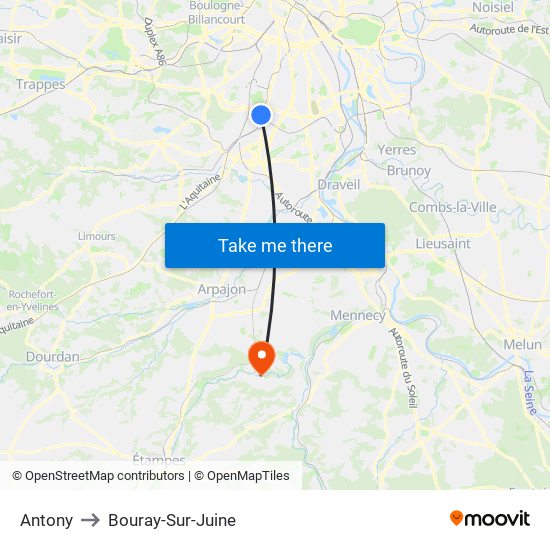 Antony to Bouray-Sur-Juine map