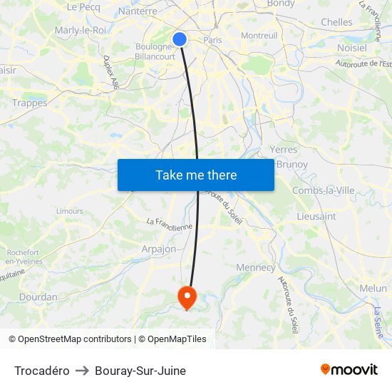 Trocadéro to Bouray-Sur-Juine map