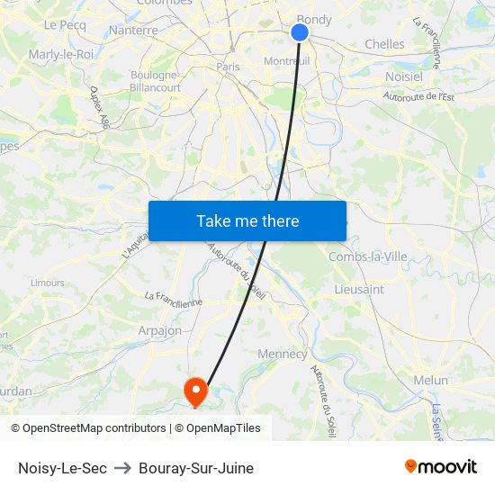 Noisy-Le-Sec to Bouray-Sur-Juine map
