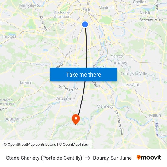 Stade Charléty (Porte de Gentilly) to Bouray-Sur-Juine map