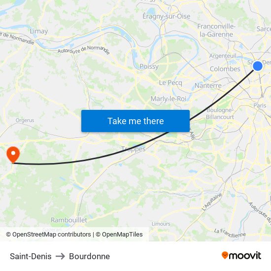Saint-Denis to Bourdonne map