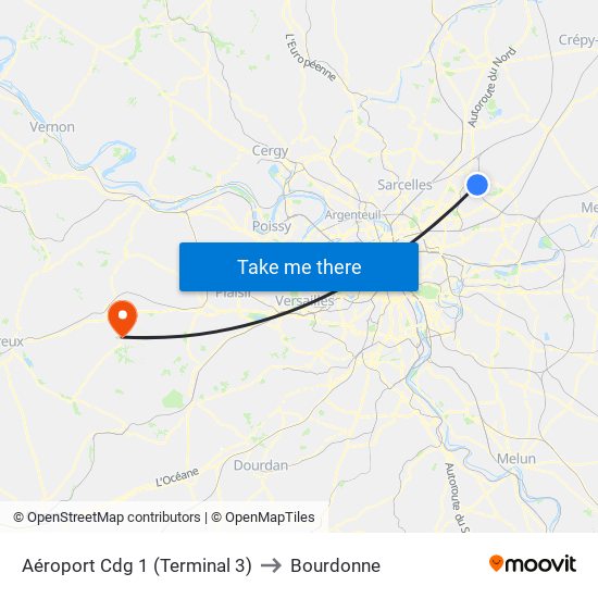 Aéroport Cdg 1 (Terminal 3) to Bourdonne map