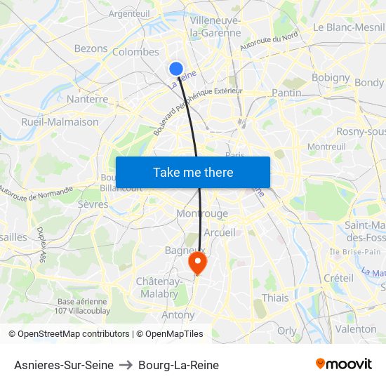 Asnieres-Sur-Seine to Bourg-La-Reine map