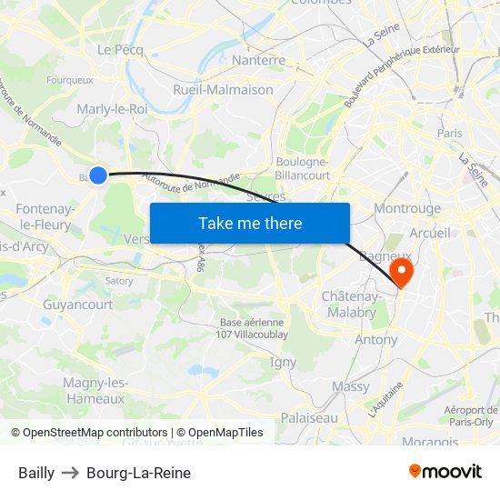 Bailly to Bourg-La-Reine map