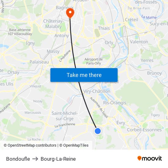 Bondoufle to Bourg-La-Reine map