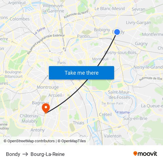 Bondy to Bourg-La-Reine map