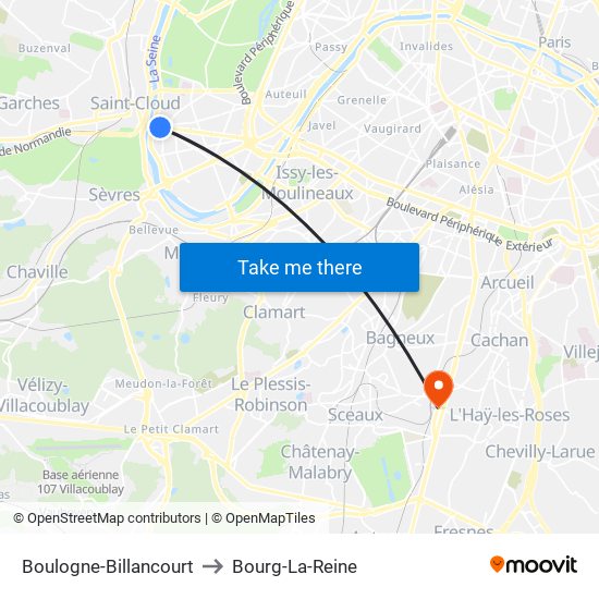 Boulogne-Billancourt to Bourg-La-Reine map