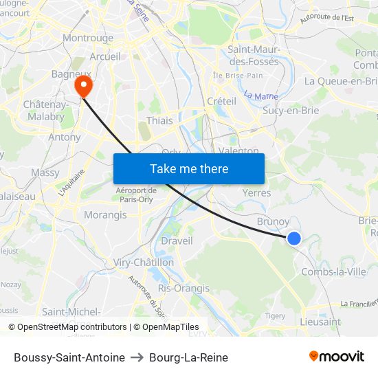 Boussy-Saint-Antoine to Bourg-La-Reine map