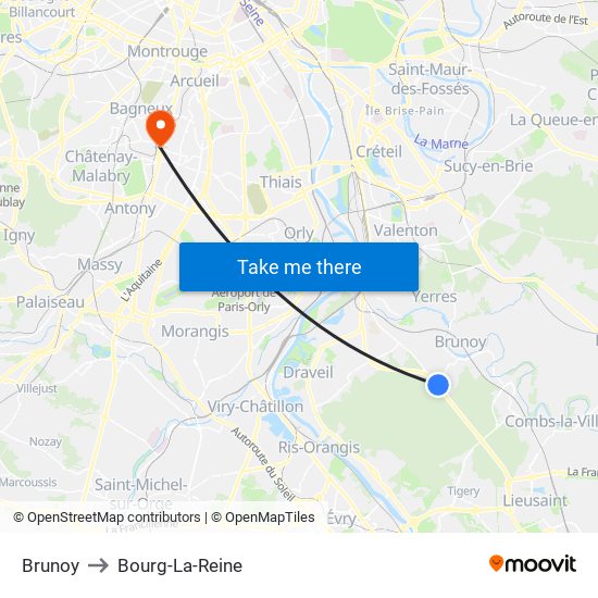 Brunoy to Bourg-La-Reine map