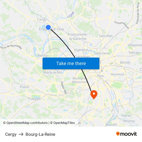 Cergy to Bourg-La-Reine map