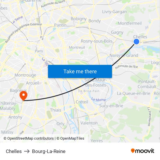 Chelles to Bourg-La-Reine map