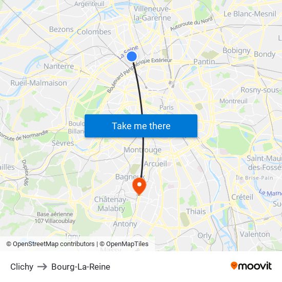 Clichy to Bourg-La-Reine map