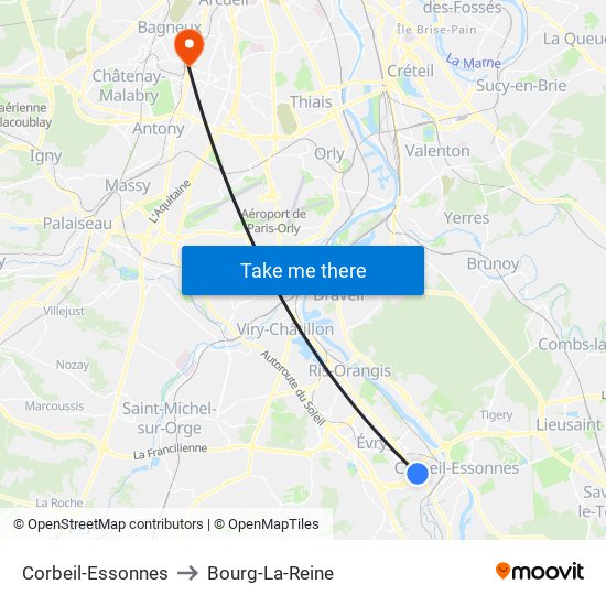 Corbeil-Essonnes to Bourg-La-Reine map