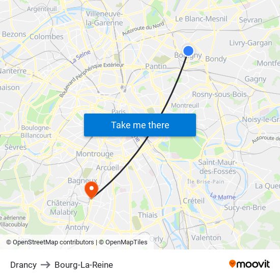 Drancy to Bourg-La-Reine map