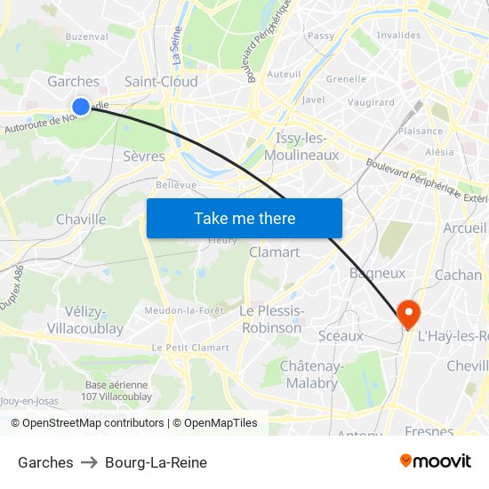 Garches to Bourg-La-Reine map