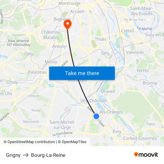 Grigny to Bourg-La-Reine map