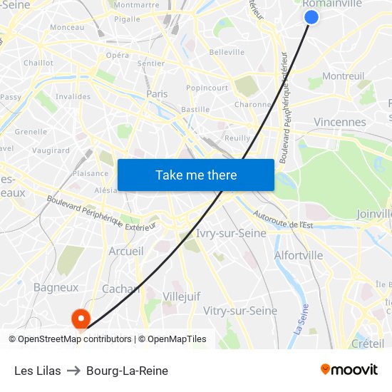 Les Lilas to Bourg-La-Reine map