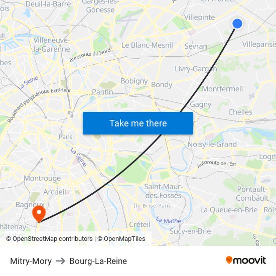 Mitry-Mory to Bourg-La-Reine map