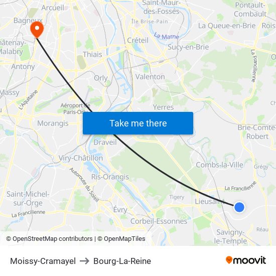 Moissy-Cramayel to Bourg-La-Reine map