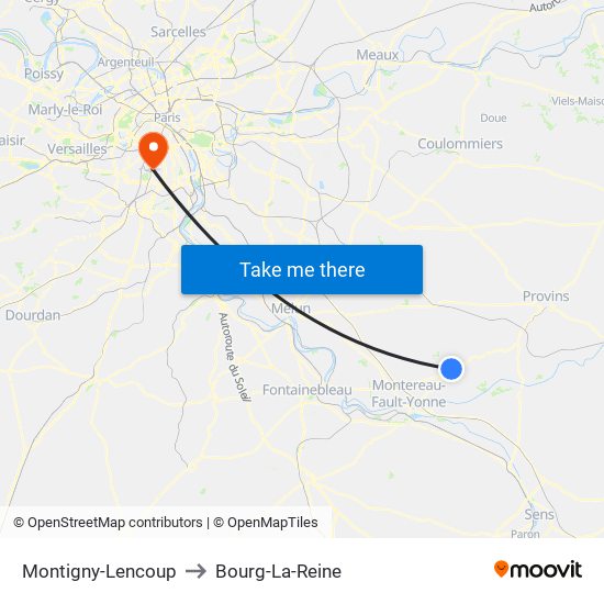 Montigny-Lencoup to Bourg-La-Reine map