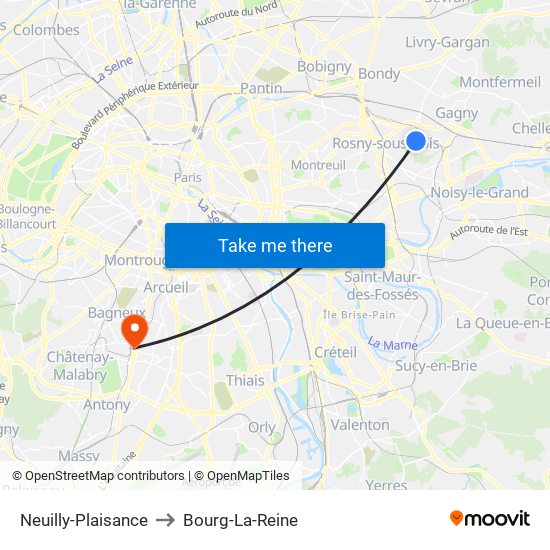 Neuilly-Plaisance to Bourg-La-Reine map