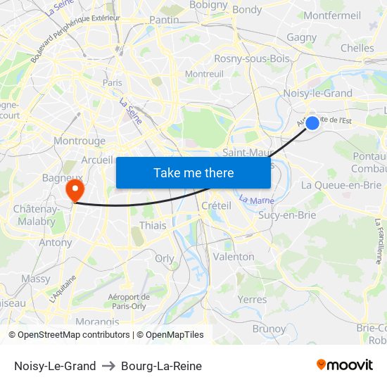 Noisy-Le-Grand to Bourg-La-Reine map