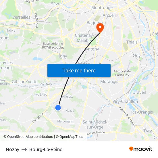 Nozay to Bourg-La-Reine map