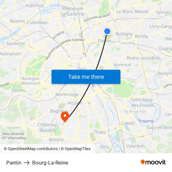 Pantin to Bourg-La-Reine map