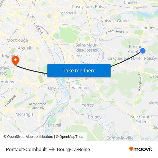 Pontault-Combault to Bourg-La-Reine map
