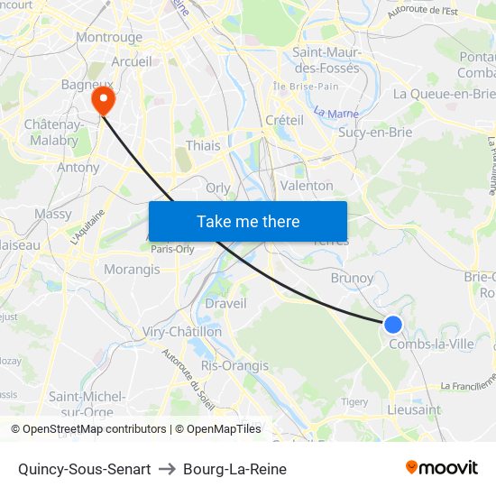 Quincy-Sous-Senart to Bourg-La-Reine map