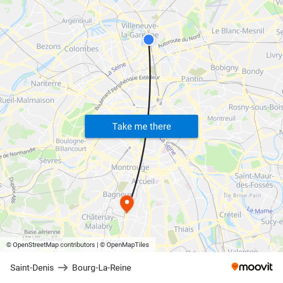 Saint-Denis to Bourg-La-Reine map