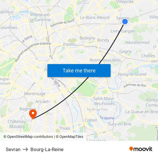 Sevran to Bourg-La-Reine map